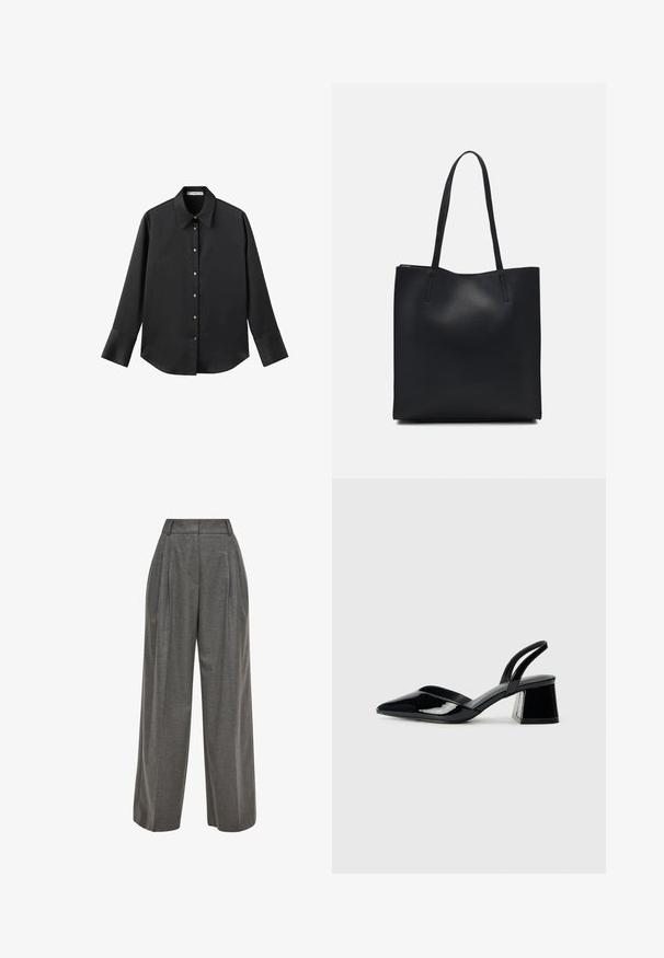 Black long-sleeve shirt in smooth fabric, featuring a classic collar, front button closure with gold-tone buttons, and wide cuffs.; s.Oliver BLACK LABEL MELIERTE MIT WIDE LEG - Trousers - graphit; Black patent leather slingback heels with a pointed toe and a geometric block heel. Features a sleek, minimal design and smooth texture.; Black leather tote bag with smooth texture, rectangular shape, and two long handles. No visible hardware or embellishments.