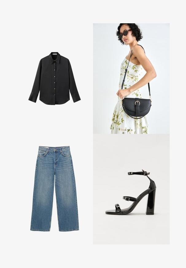 Črna majica z dolgimi rokavi iz gladkega materiala, z klasičnim ovratnikom, sprednjim zapiranjem na gumbe z zlatimi gumbi in širokimi manšetami.; Svijetloplave široke traperice napravljene od denima. Sadrže pet džepova, kopčanje na gumb i uredan rub. Izblijedjele su po cijeloj površini radi teksture.; Črne lakaste sandale z visokimi petami, z dvema trakovoma z zaponkama, kvadratnim sprednjim delom in masivno širšo peto, z gladko, sijočo teksturo.; Črna usnjena torbica s ukrivljeno obliko, z odstranljivo naramnico in zlatimi dodatki. Torbica ima pokrov s podrobnostmi v obliki zaponke.