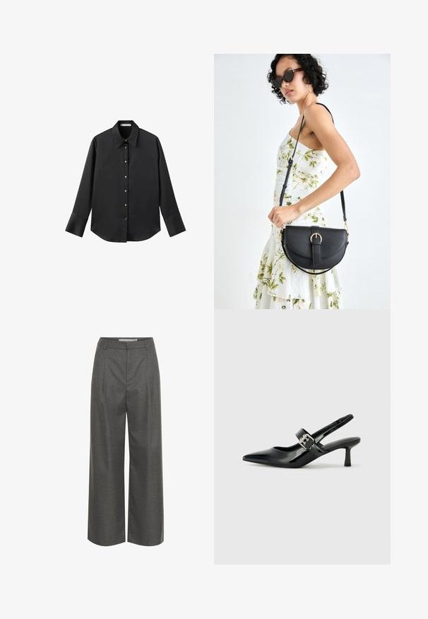 Black long-sleeve shirt in smooth fabric, featuring a classic collar, front button closure with gold-tone buttons, and wide cuffs.; Gray wide-leg trousers made of textured fabric, featuring a high waist and front pleats, with no visible pockets or hardware details.; Black patent leather slingback heels with a pointed toe and a small block heel, featuring a silver buckle accent on the strap.; Black leather handbag with a curved shape, detachable strap, and gold hardware. The bag features a flap with a buckle detail.