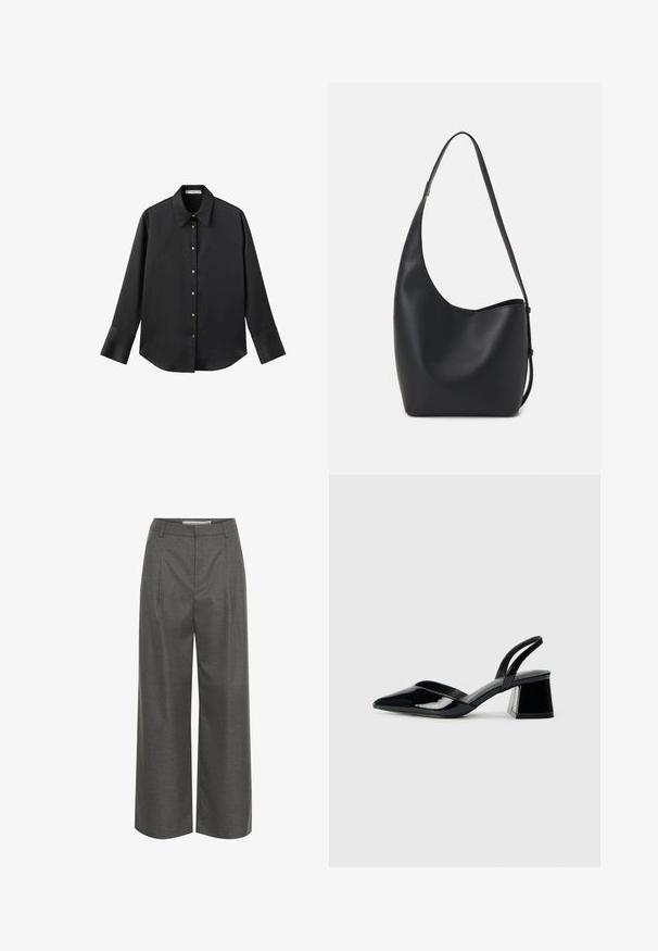 Black long-sleeve shirt in smooth fabric, featuring a classic collar, front button closure with gold-tone buttons, and wide cuffs.; Gray wide-leg trousers made of textured fabric, featuring a high waist and front pleats, with no visible pockets or hardware details.; Black patent leather slingback heels with a pointed toe and a geometric block heel. Features a sleek, minimal design and smooth texture.; Black leather hobo bag with a smooth texture, curved shape, and single adjustable strap; features a wide opening at the top.