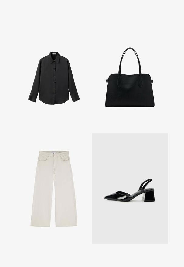 Czarna koszula z długim rękawem z gładkiego materiału, z klasycznym kołnierzykiem, zapięciem na guziki z przodu w złotym odcieniu oraz szerokimi mankietami.; Scalpers - Jeansy Relaxed Fit; Czarne lakierowane półbuty na obcasie z wydłużonym noskiem i geometrycznym słupkiem. Charakteryzują się eleganckim, minimalistycznym designem oraz gładką fakturą.; Czarna skórzana torba na ramię z podwójnymi paskami, prostokątny kształt i minimalistyczny design na białym tle.