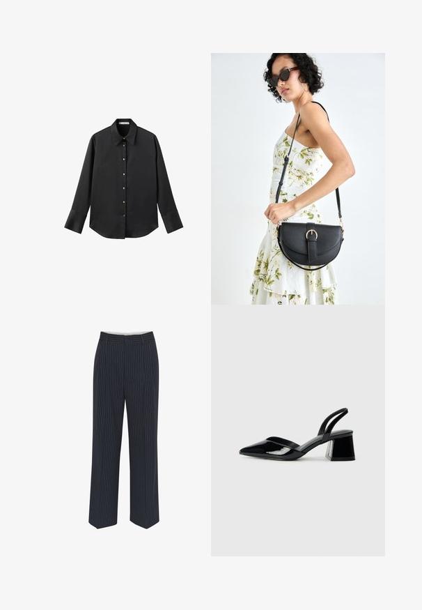 Maglietta nera a maniche lunghe in tessuto morbido, con colletto classico, chiusura frontale con bottoni dorati e polsini ampi.; Pantaloni blu navy con righe verticali bianche, design a gamba larga, tessuto liscio, passanti per cintura e una piega sul davanti per un aspetto sartoriale.; Décolleté in vernice nera con punta affusolata e tacco in geometria cubica. Presentano un design elegante e minimalista, con una texture liscia.; Borsa a tracolla nera in pelle con una forma curva, manico rimovibile e accessori dorati. La borsa presenta una patta con un dettaglio a fibbia.