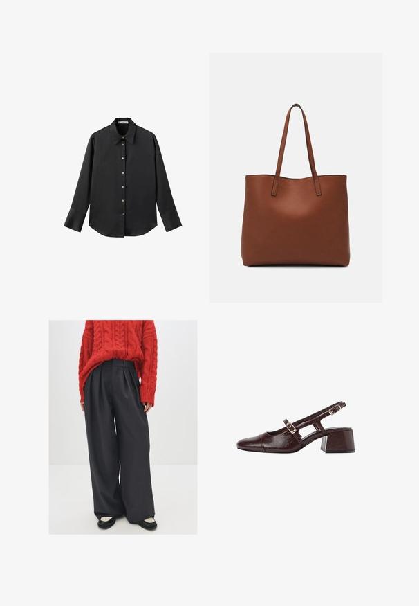 Czarna koszula z długim rękawem z gładkiego materiału, z klasycznym kołnierzykiem, zapięciem na guziki z przodu w złotym odcieniu oraz szerokimi mankietami.; Czerwony sweter w warkoczowy splot zestawiony z ciemnoszarymi, szerokimi spodniami w wysokim stanie oraz czarnymi balerinami z kremowymi akcentami. Widoczne fakturowane dzianiny i plisy.; Brązowe skórzane szpilki z odkrytym piętą, kwadratowym noskiem, wyciętymi bokami i słupkowym obcasem. Posiadają klamrę na pasku wokół kostki.; Brązowa skórzana torba tote o gładkiej fakturze, z otwartym wierzchem i dwoma ramiączkami. Charakteryzuje się minimalnym przeszyciem i brakiem widocznych elementów metalowych.