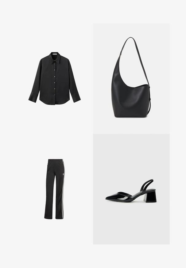 Černá dlouhá rukávová košile z hladkého materiálu, s klasickým límečkem, předním zapínáním na knoflíky ve zlatém tónu a širokými manžetami.; Černé sportovní kalhoty s volným střihem, se bílými bočními pruhy a elastickým pasem. Obsahují malou logovou aplikaci na boku.; Černé lakované kožené lodičky na pásku s špičatou špičkou a geometrickým blokovým podpatkem. Vyznačují se elegantním, minimalistickým designem a hladkým povrchem.; Černá kožená hobo taška s hladkým povrchem, zakřiveným tvarem a jedním nastavitelným popruhem; má široké otevírání nahoře.