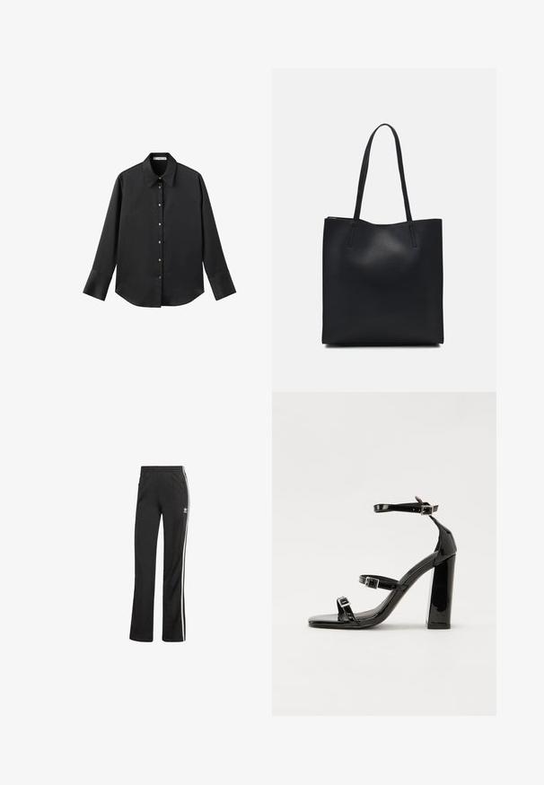 Czarna koszula z długim rękawem z gładkiego materiału, z klasycznym kołnierzykiem, zapięciem na guziki z przodu w złotym odcieniu oraz szerokimi mankietami.; Czarne spodnie sportowe o luźnym kroju, z białymi paskami po bokach i elastycznym paskiem w talii. Zawierają mały detal z logo po boku.; Czarne lakierowane sandały na obcasie z kwadratowym noskiem, z paskami wokół kostki i srebrnymi klamrami. Posiadają masywny słupek dla stabilności.; Czarna skórzana torba tote o gładkiej fakturze, prostokątnym kształcie i dwóch długich uchwytach. Brak widocznych elementów metalowych i ozdób.