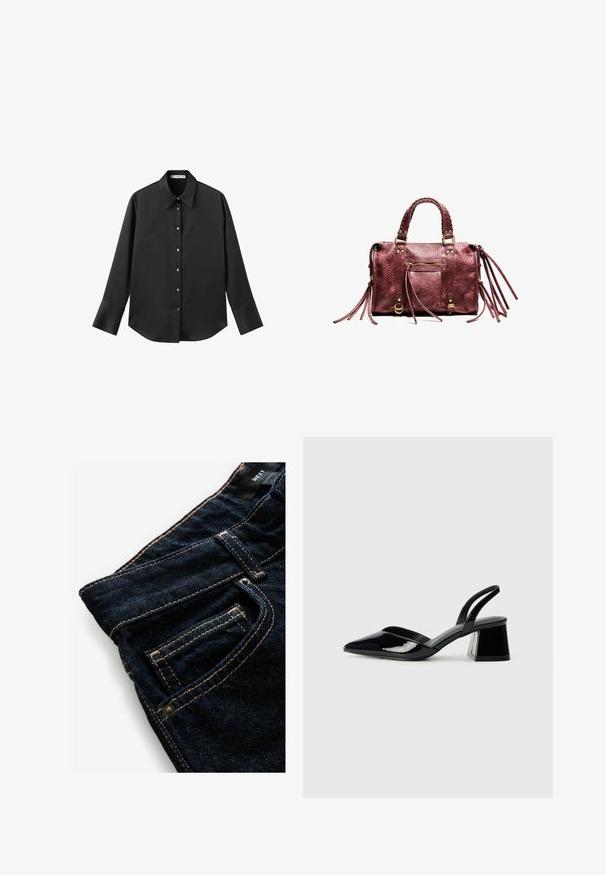 Sort langærmet skjorte i glat stof, med klassisk krave, frontlukning med guldtonede knapper og brede manchetter.; Mørkeblue denim jeans med kontrasterende orange syninger, der har en forlomme, nitterdetaljer og en glat tekstur.; Sorte patentlæder slingback hæle med spids tå og en geometrisk blok hæl. Har et elegant, minimalistisk design og en glat tekstur.; Bordeaux læderhåndtaske med flettede håndtag, frynse-detaljer og gyldne metaldele. Har en frontlomme med lynlås og tekstureret overflade.