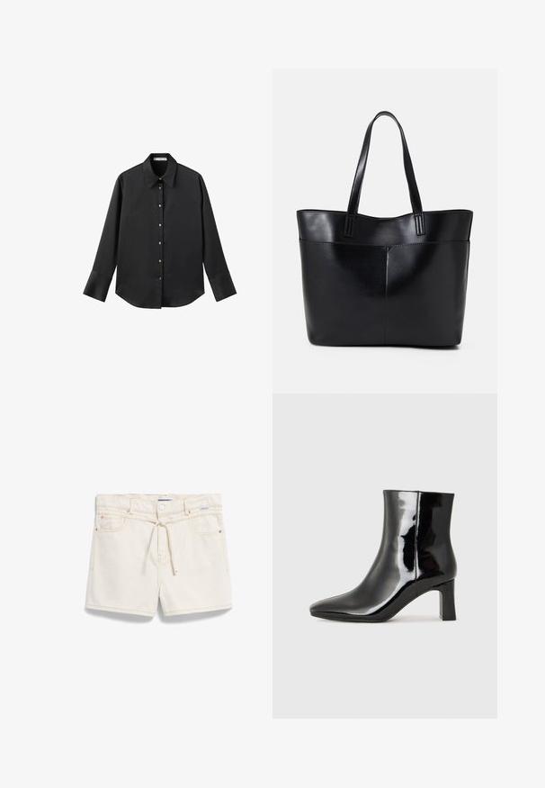 Schwarz langärmliges Hemd aus glattem Stoff, mit klassischem Kragen, frontaler Knopfleiste mit goldfarbenen Knöpfen und breiten Manschetten.; Cremefarbene Denim-Shorts mit lockerer Passform, ausgestattet mit einem Kordelzugbund, zwei Fronttaschen und Kontrastnähten.; Schwarzer Lackleder-Stiefelette mit spitzer Zehe und einem mittelhohen Blockabsatz. Glatte Textur und minimalistisches Design.; Schwarze Leder-Shopper-Tasche mit zwei langen Griffen, einer glatten Textur und einer strukturierten Form. Verfügt über eine Vordertasche für zusätzlichen Stauraum.