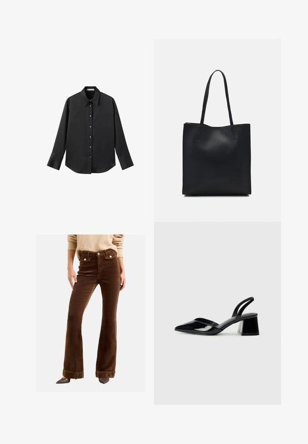 Crna košulja dugih rukava od glatkog materijala, s klasičnim ovratnikom, prednjim kopčanjem na dugmad u boji zlatne i širokim manžetnama.; Smeđe korduroy širom krojene hlače imaju visoki struk, prednje džepove i zlatne dugmadi. Tkanina ima mekan, rebrast teksturu.; Crne lakirane kožne sandale s otvorenom petom i špicastim vrhom, s geometrijskom blok petom. Imaju elegantan, minimalistički dizajn i glatku teksturu.; Crna kožna torba za nošenje s glatkom teksturom, pravokutnim oblikom i dvije duge ručke. Nema vidljivih metalnih dijelova ili ukrasa.