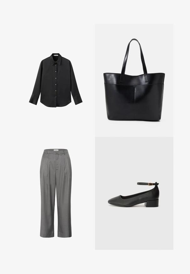 Cămașă neagră cu mâneci lungi dintr-un material neted, având un guler clasic, închidere frontală cu butoane aurii și manșete late.; Pantaloni gri, croiți cu un fit drept, cu față pliată, textură de țesătură netedă și un design clasic al taliei.; Pantof cu toc negru din piele, cu vârf ascuțit și toc mic pătrat. Dispune de o curea la gleznă cu o cataramă în tonuri de aur. Textură netedă.; Geantă oversized din piele neagră, cu două mânere lungi, de textură netedă și formă structurată. Are un buzunar frontal pentru stocare suplimentară.