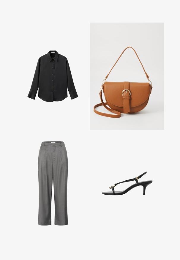 Svart långärmad skjorta i mjukt tyg, med klassisk krage, framknäppning med knappar i guldton och breda manschetter.; Grå skräddarsydda byxor med rak passform, med en veckad front, slät tygstruktur och en klassisk midjedesign.; Svart lädersandal med kitten heel, tunna remmar, guldspänne och minimalistisk tåloop på en vit bakgrund.; Brun läder crossbody-väska med en böjd form, gyllene detaljer och en spänneaccent. Har en avtagbar axelrem.