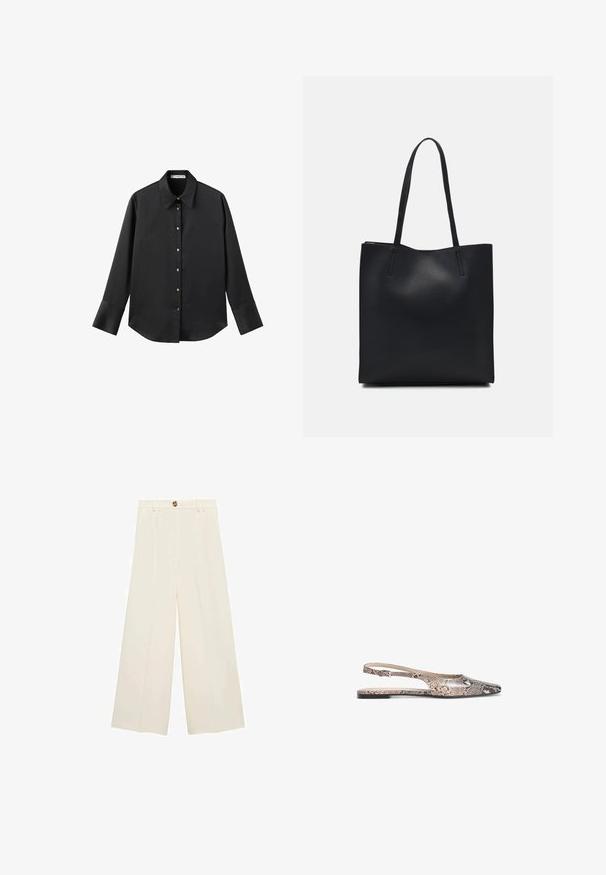 Sort langærmet skjorte i glat stof, med klassisk krave, frontlukning med guldtonede knapper og brede manchetter.; Cremefarvede breddebenede bukser med høj talje, knaplukning og glat tekstur uden synlige mønstre eller dekorationer.; Slingback flade med et slangemønster i nuancer af beige og sort, med spids tå og en tynd ankelrem.; Sort læder tote taske med glat tekstur, rektangulær form og to lange hanke. Ingen synlig hardware eller udsmykninger.