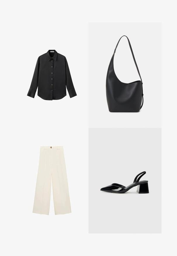Black long-sleeve shirt in smooth fabric, featuring a classic collar, front button closure with gold-tone buttons, and wide cuffs.; Cream-colored wide-leg trousers featuring a high waist, a button closure, and smooth texture without visible patterns or accents.; Black patent leather slingback heels with a pointed toe and a geometric block heel. Features a sleek, minimal design and smooth texture.; Black leather hobo bag with a smooth texture, curved shape, and single adjustable strap; features a wide opening at the top.