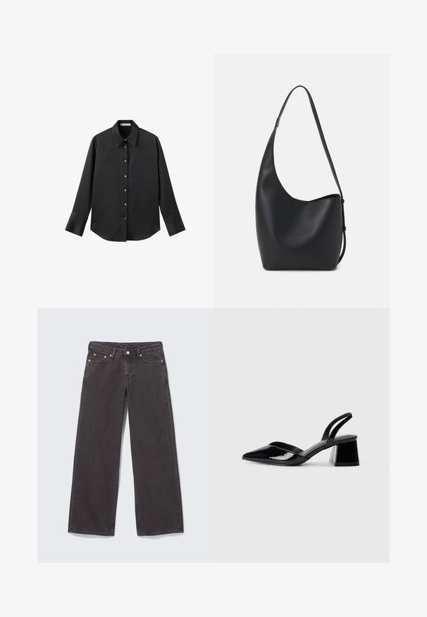 Black long-sleeve shirt in smooth fabric, featuring a classic collar, front button closure with gold-tone buttons, and wide cuffs.; Wide-leg black denim jeans with copper rivets, five pockets, and a button closure. Soft, sturdy texture, with a straight cut from waist to hem.; Black patent leather slingback heels with a pointed toe and a geometric block heel. Features a sleek, minimal design and smooth texture.; Black leather hobo bag with a smooth texture, curved shape, and single adjustable strap; features a wide opening at the top.