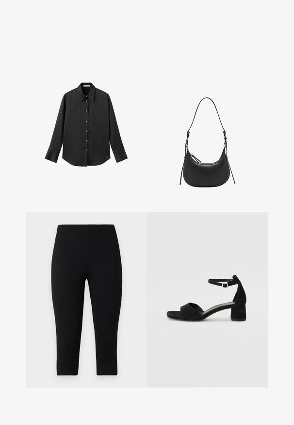 Crna košulja dugih rukava od glatkog materijala, s klasičnim ovratnikom, prednjim kopčanjem na dugmad u boji zlatne i širokim manžetnama.; Crnecapri tajice od rastezljivog materijala, koje su uskog kroja i glatke teksture, bez istaknutih uzoraka ili detalja.; Crne zamšaste sandale s potpeticom s tankim remenom za gležanj, otvorenim nožnim prstima i umjerenom blok petom. Glatka tekstura i minimalni detalji.; Crna kožna torba preko ramena s kružnim oblikom, podesivim remenom, zlatnim metalnim obrubima i glatkom teksturom.