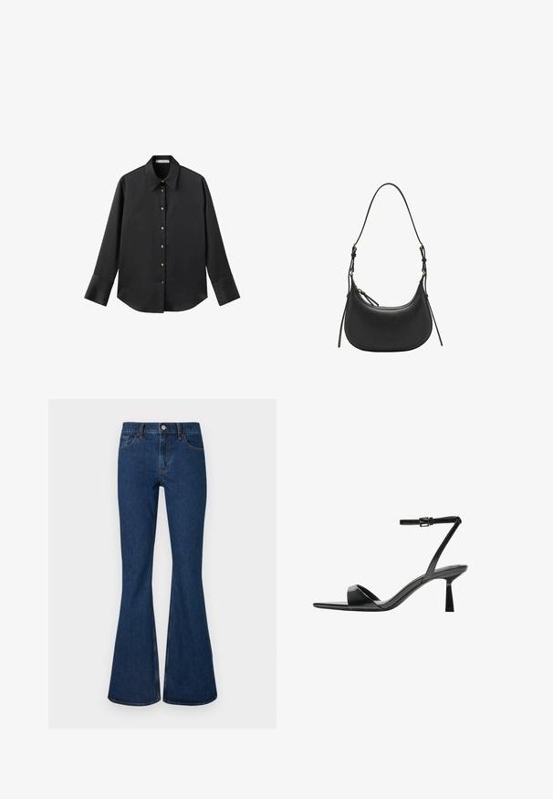 Černá dlouhá rukávová košile z hladkého materiálu, s klasickým límečkem, předním zapínáním na knoflíky ve zlatém tónu a širokými manžetami.; Tmavě modré džínové kalhoty s vysokým pasem a širokými rozšířenými nohavicemi, vybavené předními a zadními kapsami a zapínáním na knoflík.; Bershka Sandály na vysokém podpatku - black; Černá kožená kabelka na rameno s zakřiveným tvarem, nastavitelným popruhem, zlatými kovovými detaily a hladkým textura povrchem.