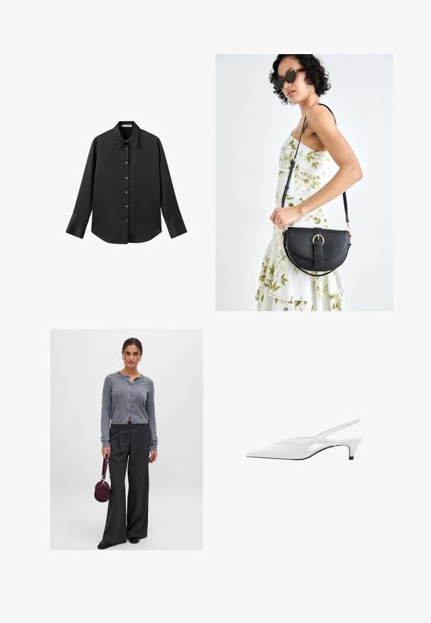 Zwarte lange mouwen shirt van gladde stof, met een klassieke kraag, een sluiting met knopen aan de voorkant met gouden knopen en brede manchetten.; Grijze button-up cardigan met geribbelde textuur, gepaard met hooggetailleerde, gestreepte, wijde broek. Model houdt een ronde bordeauxrode tas vast.; Witte slingback hak met spitse neus, voorzien van een gladde bovenkant, subtiele uitsparingen en een lage blokhak. Zwarte zool accentueert het ontwerp.; Zwarte leren handtas met een gebogen vorm, afneembare schouderband en gouden hardware. De tas heeft een klep met een gespsluiting.