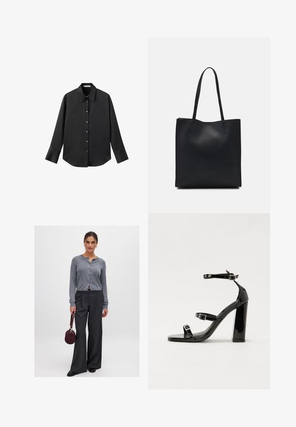 Črna majica z dolgimi rokavi iz gladkega materiala, z klasičnim ovratnikom, sprednjim zapiranjem na gumbe z zlatimi gumbi in širokimi manšetami.; Siv cardigan s gumbom z rebrasto teksturo, v kombinaciji s visokima širokimi hlačami z vzorcem črt. Model drži okroglo burgundsko torbico.; Črne lakirane sandale s peto, kvadratnim prstom, trakovi okrog gležnja in srebrnimi zaponkami. Opremljene so s stabilno Debelo peto.; Črna usnjena torba s svilnato teksturo, pravokotne oblike in dvema dolgima ročajema. Brez vidnih metalnih delov ali okrasnih elementov.