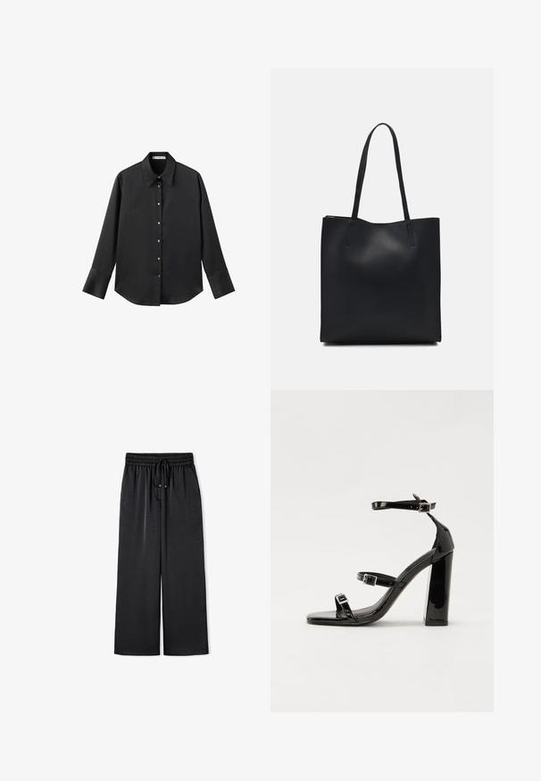 Zwarte lange mouwen shirt van gladde stof, met een klassieke kraag, een sluiting met knopen aan de voorkant met gouden knopen en brede manchetten.; Zwarte, lichte, wijde broek met een elastische tailleband en strikkoord, met een gladde textuur en zonder zichtbare patronen of accenten.; Zwarte gepatenteerde sandalen met hak en een vierkante neus, enkelbandjes en zilveren gespen. Heeft een stevige blokhak voor stabiliteit.; Zwarte leren handtas met een gladde textuur, rechthoekige vorm en twee lange handvaten. Geen zichtbare hardware of versieringen.