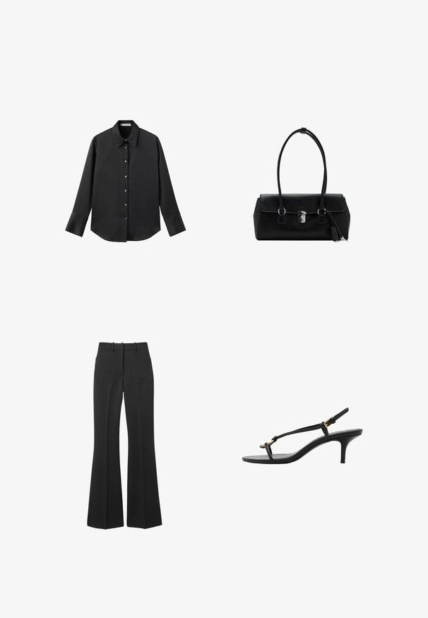 Černá dlouhá rukávová košile z hladkého materiálu, s klasickým límečkem, předním zapínáním na knoflíky ve zlatém tónu a širokými manžetami.; Černé rozšířené kalhoty vyrobené z hladké látky. Obsahují dvě zadní kapsy a poutka na opasek, s širokými nohavicemi, které se směrem k pasu zužují.; Černé kožené sandály na kotníkovém podpatku s tenkými pásky, zlatou sponou a minimalistickým provlečením na prstech na bílém pozadí.; Černá kožená kabelka s hladkým povrchem, strukturovaným designem, dvojitými uchy a stříbrným kováním ve středu.