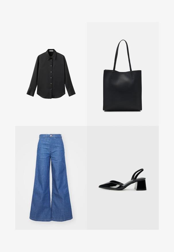 Chemise noire à manches longues en tissu lisse, dotée d'un col classique, d'une fermeture à boutons sur le devant avec des boutons dorés, et de larges poignets.; Jean large en denim bleu moyen avec une taille haute, dotée d'une fermeture à bouton, de deux poches avant et d'une texture lisse.; Escarpins en cuir verni noir avec bout pointu et talon bloc géométrique. Présente un design élégant et minimaliste ainsi qu'une texture lisse.; Sac fourre-tout en cuir noir avec une texture lisse, de forme rectangulaire et deux longues poignées. Pas de matériel ou d'ornementations visibles.