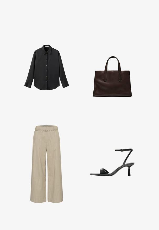 Czarna koszula z długim rękawem z gładkiego materiału, z klasycznym kołnierzykiem, zapięciem na guziki z przodu w złotym odcieniu oraz szerokimi mankietami.; Szerokie spodnie w jasnobeżowym materiale z pionowymi paskami, wyposażone w pasujący pasek oraz dekoracyjną klamrę w talii.; Bershka - Sandały na obcasie; Brązowa skórzana torba tote z dwoma wydłużonymi uchwytami, usztywnionym prostokątnym kształtem, gładką teksturą i subtelnymi detalami przeszycia.