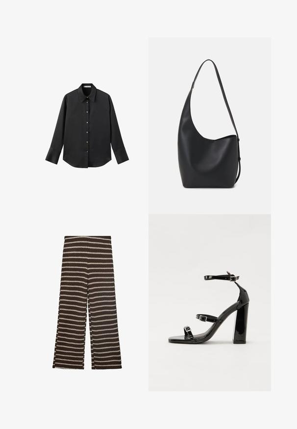 Black long-sleeve shirt in smooth fabric, featuring a classic collar, front button closure with gold-tone buttons, and wide cuffs.; Wide-leg pants in dark brown with contrasting cream zigzag stripes. Made of textured fabric, featuring a comfortable mid-rise waist.; Black patent heeled sandals with a square toe, ankle straps, and silver buckles. Features a chunky block heel for stability.; Black leather hobo bag with a smooth texture, curved shape, and single adjustable strap; features a wide opening at the top.
