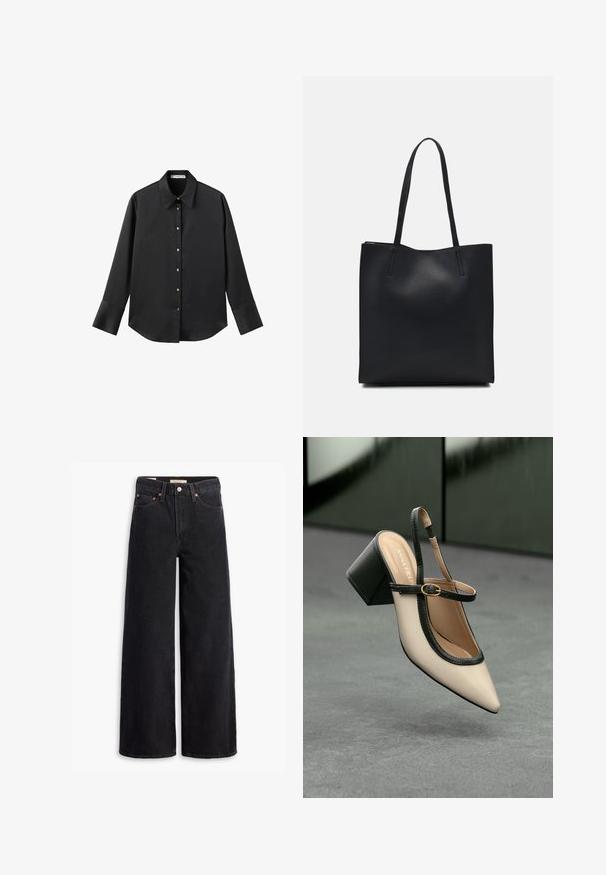 Cămașă neagră cu mâneci lungi dintr-un material neted, având un guler clasic, închidere frontală cu butoane aurii și manșete late.; Jeans negri cu picioare largi, confecționați din denim, cu cinci buzunare, cu cuie de cupru și o închidere clasică cu nasture. Textură netedă cu un design curat.; Pantof divers în nuanță bej, cu vârf ascuțit, curea de susținere în spate, cu margine neagră, cataramă aurie și toc gros pe un podea gri, cu un fundal verde închis.; Geantă tote neagră din piele, cu textură netedă, formă rectangulară și două mânere lungi. Fără hardware vizibil sau ornamente.