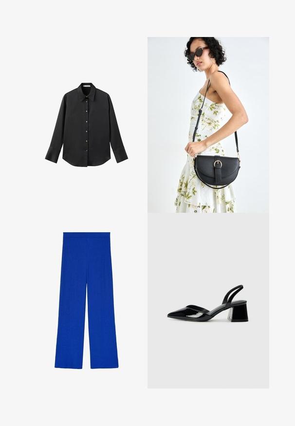 Crna košulja dugih rukava od glatkog materijala, s klasičnim ovratnikom, prednjim kopčanjem na dugmad u boji zlatne i širokim manžetnama.; Hlače širokih nogavica u živopisnoj plavoj pletenini s glatkom teksturom. Imaju elastičnu pobjedu i labav kroj za udobnost.; Crne lakirane kožne sandale s otvorenom petom i špicastim vrhom, s geometrijskom blok petom. Imaju elegantan, minimalistički dizajn i glatku teksturu.; Crna kožna torba s lukovitim oblikom, odvojivim remenom i zlatnim detaljima. Torba ima preklop s kopčom.