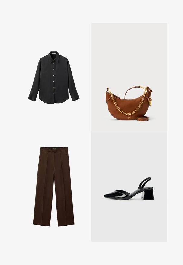 Black long-sleeve shirt in smooth fabric, featuring a classic collar, front button closure with gold-tone buttons, and wide cuffs.; Brown wide-leg trousers with a smooth texture, front pleats, and side pockets. Flat waistband design with a hidden closure.; Black patent leather slingback heels with a pointed toe and a geometric block heel. Features a sleek, minimal design and smooth texture.; Brown leather handbag with a curved design, gold chain strap, interior pocket, and a detachable shoulder strap. Features contrasting stitching.