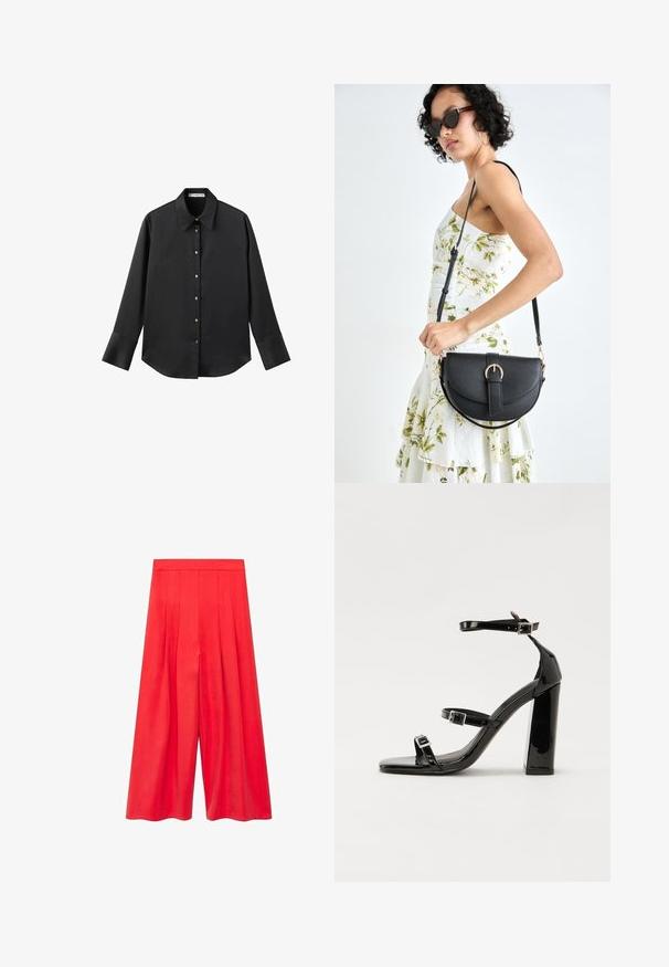 Černá dlouhá rukávová košile z hladkého materiálu, s klasickým límečkem, předním zapínáním na knoflíky ve zlatém tónu a širokými manžetami.; Červené kalhoty se širokými nohavicemi a vysokým pasem, které mají plisování a hladkou strukturu. Design je volný, což zvyšuje pohodlí a usnadňuje pohyb.; Černé lakované sandály na vysokém podpatku se dvěma pásky se sponami, čtvercovou špičkou a robustním blokovým podpatkem, s hladkou, lesklou texturou.; Černá kožená kabelka s křivkovým tvarem, odnímatelným popruhem a zlatými detaily. Kabelka má klopu s přezkou.