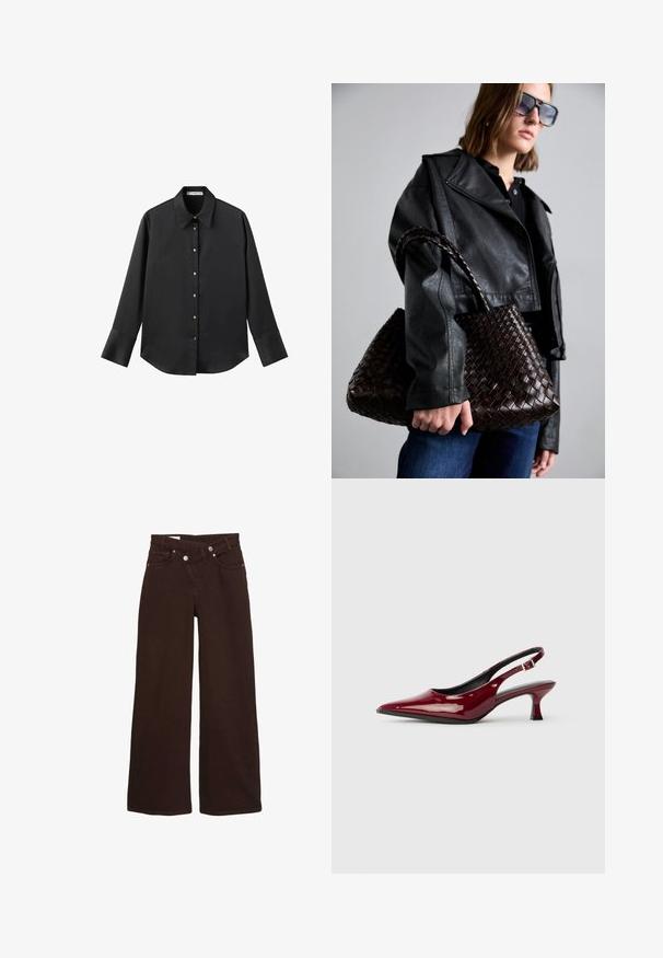 Crna košulja dugih rukava od glatkog materijala, s klasičnim ovratnikom, prednjim kopčanjem na dugmad u boji zlatne i širokim manžetnama.; Smešane smeđe široke traperice s visokim strukom, prednjim zatvaračem i kopčom na gumb, koje imaju prednje i stražnje džepove.; Burgundijske lakirane kožne sandale s otvorenom petom, špicastim prstom i elegantnom stiletto potpeticom. Dizajn s otvorenim leđima s podešavakom oko gležnja.; DRAGON DIFFUSION SANTA CROCE BIG - Ručna torba - dark brown