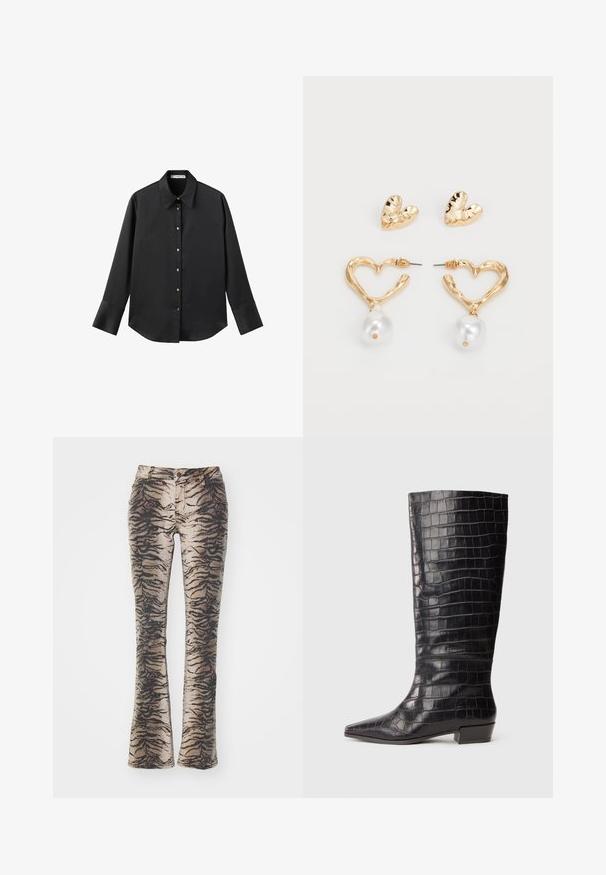 Čierna dlhá rukávová košeľa z hladkého materiálu, s klasickým golierom, predným zapínaním na gombíky so zlatými gombíkmi a širokými manžetami.; Rozšírené nohavice vyrobené z látky s béžovým a čiernym tiger prúžkovým vzorom, s prednými vreckami a zipsovým zapínaním.; Čierne kožené čižmy po kolená s textúrou krokodíla, s ostrou špičkou a nízkym blokovým podpätkom. Obsahujú jemné značenie v blízkosti členku.; Náušnice v zlatej farbe v tvare srdca s textúrovaným povrchom, s visiacou perlou ako ozdobou. Obsahuje aj zodpovedajúce náušnice srdcového tvaru na puzetu.
