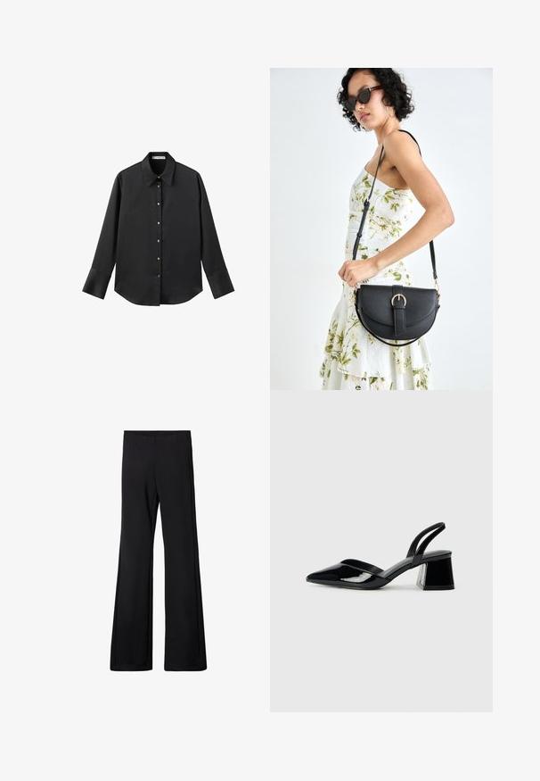 Maglietta nera a maniche lunghe in tessuto morbido, con colletto classico, chiusura frontale con bottoni dorati e polsini ampi.; Pantaloni neri a zampa d'elefante con cintura elastica, realizzati in un tessuto morbido e elasticizzato, caratterizzati da una texture liscia e senza motivi o accessori visibili.; Décolleté in vernice nera con punta affusolata e tacco in geometria cubica. Presentano un design elegante e minimalista, con una texture liscia.; Borsa a tracolla nera in pelle con una forma curva, manico rimovibile e accessori dorati. La borsa presenta una patta con un dettaglio a fibbia.