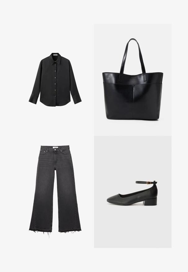 Crna košulja dugih rukava od glatkog materijala, s klasičnim ovratnikom, prednjim kopčanjem na dugmad u boji zlatne i širokim manžetnama.; Crne traperice širokih nogavica s visokim strukom, prednjim džepovima, zatvaranjem na gumb i poderanim rubovima.; Crne kožne pumpe s oštrim vrhom i niskom blok petom. Sadrže remen oko gležnja s zlatnim kopčanjem. Glatka tekstura.; Crna kožna torba s dugim ručkama, glatkom teksturom i strukturiranim oblikom. Ima prednju džep za dodatno pohranu.