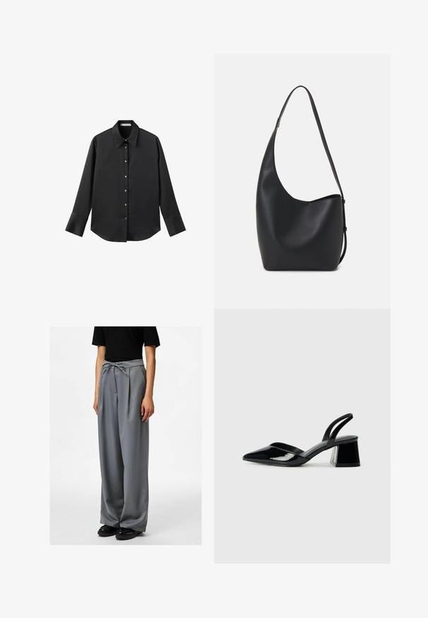 Crna košulja dugih rukava od glatkog materijala, s klasičnim ovratnikom, prednjim kopčanjem na dugmad u boji zlatne i širokim manžetnama.; Svijetlosivi hlače s prugicama, širokog kroja, s detaljem trake oko struka i plisiranim dijelovima, uparene s crnim cipelama.; Crne lakirane kožne sandale s otvorenom petom i špicastim vrhom, s geometrijskom blok petom. Imaju elegantan, minimalistički dizajn i glatku teksturu.; Crna kožna hobo torba s glatkom teksturom, zakrivljenim oblikom i jednom podesivom trakicom; ima širok otvor na vrhu.