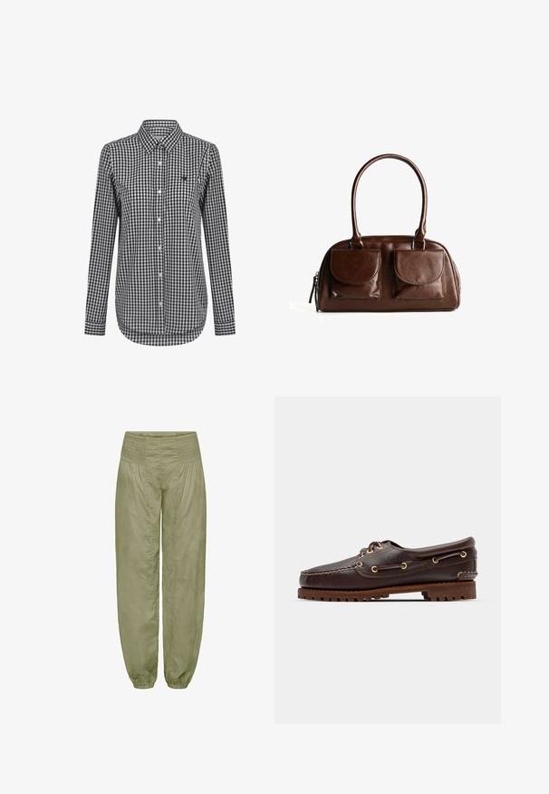 Langærmet ternet skjorte i sort og hvid, med en knap-down krave og en buet kant. Inkluderer et lille logo på brystet.; Simpel hvid t-shirt med korte ærmer og rund halsudskæring, slim fit, præsenteret fladt mod en hvid baggrund.; Lys olivengrønne, løstsiddende bukser med en smocket talje og elastiske manchetter; lavet af blødt, tekstureret stof.; Brune læder bådsko med gyldne øjer, runde snørebånd og en struktureret brun gummisål. Har quiltede detaljer og et forhøjet logo.; Brun læderhåndtaske med to frontklaplommer, runde håndtag og en lynlås på siden mod en hvid baggrund.