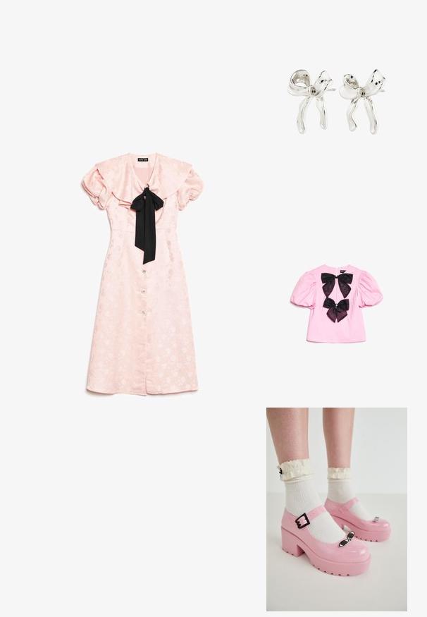 Roze bluzica kratkih rukava s napuhanim rukavima i dvije velike crne mašne na sredini, svaka s malim dekorativnim draguljem.; Svetlo ružičasta cvjetna midi haljina s napućenim rukavima, oversized ovratnikom, prednjim dugmadi i crnim mašnom na dekolteu.; Roze lakirane platforme s okruglim vrhom, podešavajućom kopčom i crnim mačjim okicama, uparene s bijelim rebrastim čarapama sa naboranim rubovima.; Srebrne naušnice u obliku luka s poliranim završetkom. Sadrže teksturiranu površinu i zakrivljeni dizajn, s post-back kopčanjem.