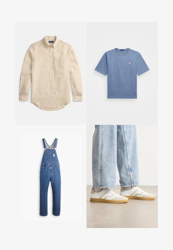 Bēšas krāsas garā piedurkņu pogājama krekls ar baltām vertikālām svītrām, krekla apkakli ar pogām, krūšu kabatu un “Polo Ralph Lauren” etiķeti apkakles iekšpusē.; Zils kokvilnas T-krekls ar īsām piedurknēm, apaļo kakla izgriezumu un baltu izšūtu logo kreisajā krūšu pusē. Gluda tekstūra, ikdienišķs dizains.; Denim kombinezoni vidējā zila krāsā, ar regulējamām siksnām, priekšējo kabatu un metāla piederumiem, ar brīvu piegriezumu un taisnu kāju dizainu.; Baltas sporta apavi ar bežām zamšādām akcentiem un gaišiem gumijas zoliņām; iekļauj zemu topa dizainu un teksturētu detaļām augšdaļā.