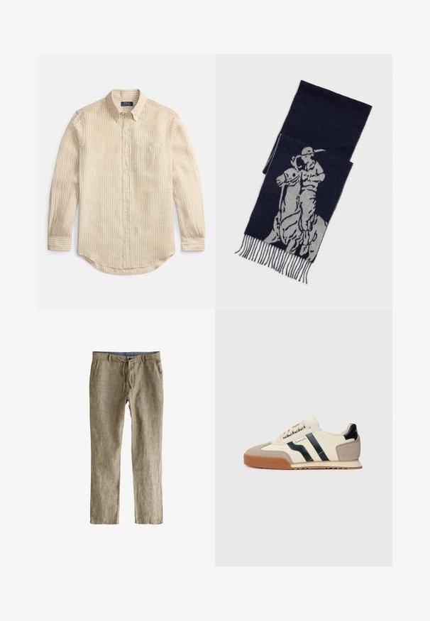 Cămașă bej cu mâneci lungi, cu dungi albe verticale, guler cu nasturi, buzunar la piept și etichetă "Polo Ralph Lauren" în interiorul gulerului.; Pantaloni dintr-un amestec de in, de culoare bej deschis, cu un finisaj texturat, prezentând un brâu cu șnur și buzunare laterale. Design ușor și croială dreaptă.; Tenis cu un superior din canavace crem, dungi verzi închise, vârf din suede bej și talpă din gumă. Prezintă șireturi rotunde și un accent la călcâi de culoare bleumarin.; Eșarfă bleumarin cu un grafic gri al unui jucător de polo pe cal, având margini franjurate.