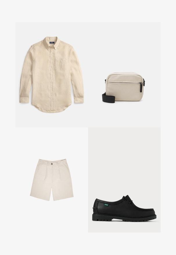 Cămașă bej cu mâneci lungi, cu dungi albe verticale, guler cu nasturi, buzunar la piept și etichetă "Polo Ralph Lauren" în interiorul gulerului.; Shorts bej dintr-un material moale, cu un front plat ce prezintă două plisuri, șnururi pentru curea și buzunare laterale. Închidere cu un singur nasture la talie.; Pantof black din piele cu profil redus, vârf rotund și talpă texturată. Prezintă eticheta verde "POLO" și cusături contrastante de-a lungul marginilor.; Geantă crossbody de culoare crem din catifea cu fermoar negru, curea detașabilă și model texturat. Dispune de un compartiment principal și un buzunar frontal.