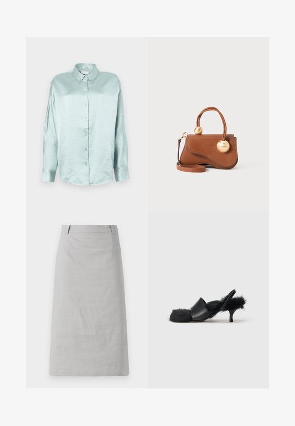 Camicia azzurra chiara con bottoni realizzata in un tessuto lucido e morbido; presenta un colletto, maniche lunghe e un orlo arrotondato con una vestibilità comoda.; Gonna grigia a matita con una texture liscia, forma aderente e una vita piatta, caratterizzata da cuciture laterali e senza motivi o dettagli visibili.; Sandalo con tacco kitten nero, con un morbido rivestimento in pelliccia nell'imbottitura, nella fascia del tallone e nell'area delle dita, dotato di una fascia anteriore in pelle liscia.; Borsa a mano in pelle marrone con un design ondulato, caratterizzata da due dettagli circolari dorati e una tracolla removibile per un trasporto versatile.