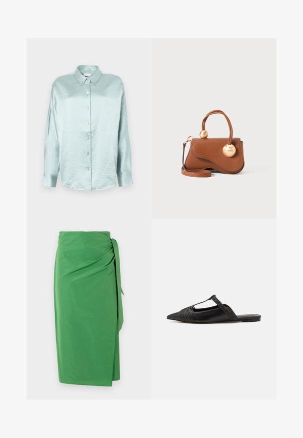 Camisa de botones azul claro hecha de una tela brillante y suave; cuenta con un cuello, mangas largas y un dobladillo redondeado con un corte relajado.; Falda envolvente verde hecha de tela ligera con un lazo en la cintura y una textura suave, que presenta una abertura lateral para facilitar el movimiento.; Zapato de piel negra tipo slingback con punta afilada, que presenta un detalle trenzado y un diseño superior plisado. Suela plana con hardware mínimo.; Bolso de cuero marrón con un diseño ondulado, que cuenta con dos acentos circulares dorados y una correa de hombro desmontable para un transporte versátil.