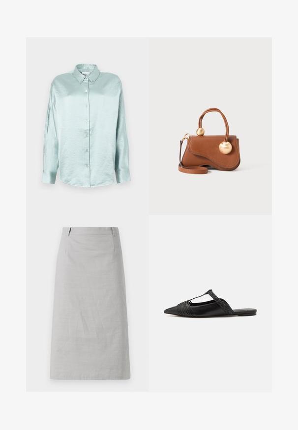 Lysblå skjorte med knapper lavet af et skinnende, blødt stof; har krave, lange ærmer og rundet nederkant med en afslappet pasform.; Grå blyantskørt med en glat tekstur, tætsiddende form og flad talje, med sidesømme og uden synlige mønstre eller accenter.; Sort læderslyngeback sko med spids tå, der har en vævet detalje og en plisseret overdel. Flad sål med minimal hardware.; Brun læderhåndtaske med et bølget design, der har to cirkulære guldaccenter og en aftagelig skulderrem til alsidig bæremulighed.