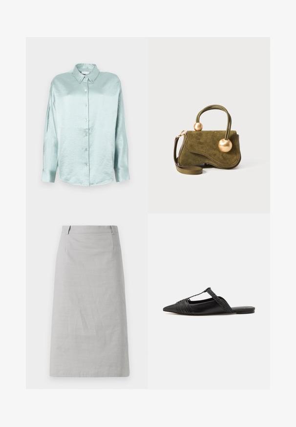 Jasnoniebieska koszula na guziki, wykonana z błyszczącego, miękkiego materiału; posiada kołnierz, długie rękawy i zaokrąglony dół o luźnym kroju.; Szara spódnica ołówkowa o gładkiej fakturze, dopasowanym kroju i płaskim pasie, z bocznymi szwami i bez widocznych wzorów lub akcentów.; Czarny skórzany but na odkrytej pięcie z pointed toe, ozdobiony plecionym akcentem i plisowanym wzorem górnej części. Płaska podeszwa z minimalnymi elementami.; Zielona suknia zamszowa torba z falistym wzorem, dwiema okrągłymi mosiężnymi detalami, krótkim skręconym uchwytem oraz odpinanym paskiem na ramię.