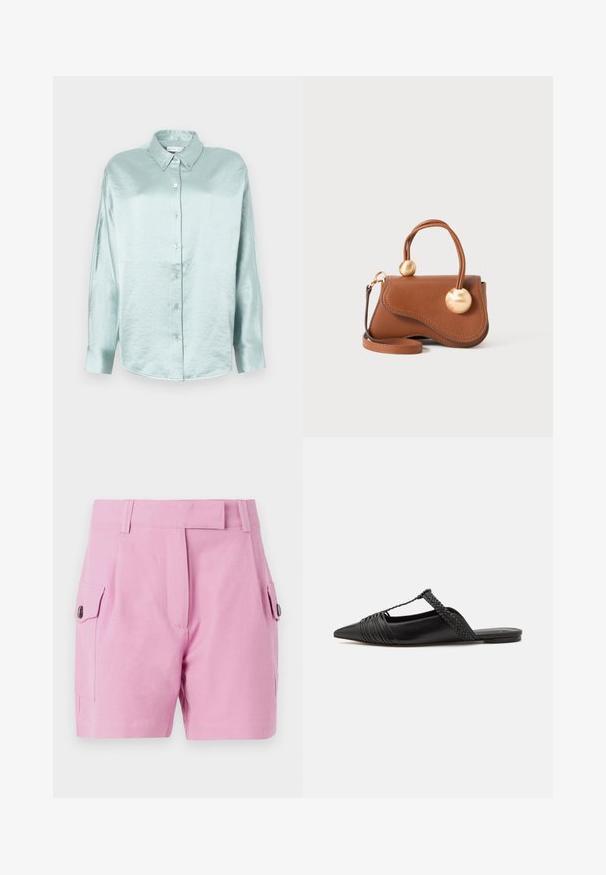 Light blue button-up shirt made of a shiny, soft fabric; features a collar, long sleeves, and rounded hem with a relaxed fit.; Light pink shorts featuring a tailored design, flat front, side pockets with button closures, and a smooth fabric texture.; Black leather slingback shoe with a pointed toe, featuring a woven accent and pleated upper design. Flat sole with minimal hardware.; Brown leather handbag with a wavy design, featuring two circular gold accents and a detachable shoulder strap for versatile carrying.