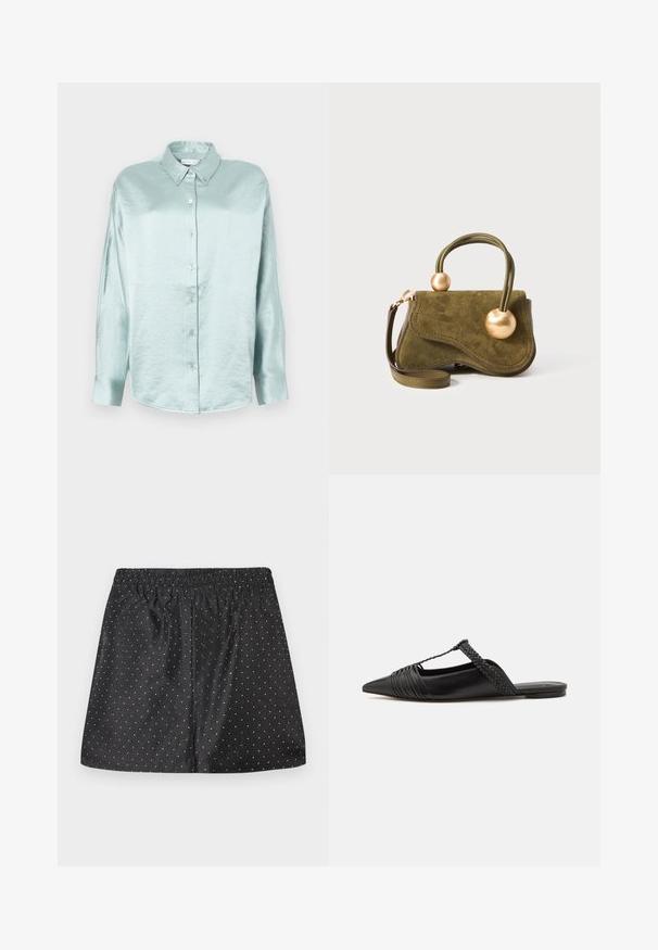 Camisa de botones azul claro hecha de una tela brillante y suave; cuenta con un cuello, mangas largas y un dobladillo redondeado con un corte relajado.; Pantalones cortos negros con una cintura elástica, con un patrón de puntos blancos. Fabricados con una tela suave y un diseño relajado.; Zapato de piel negra tipo slingback con punta afilada, que presenta un detalle trenzado y un diseño superior plisado. Suela plana con hardware mínimo.; Bolso de ante color verde oliva con un diseño ondulado, dos acentos redondeados en latón, un asa corta retorcida y una correa de hombro desmontable.