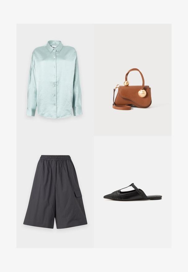 Svetle modrá košile s knoflíky, vyrobená z lesklého, jemného materiálu; má límec, dlouhé rukávy a zakulacený lem s uvolněným střihem.; Tmavě šedé šortky s elastickým pasem, plochým předním dílem a boční kapsou na cargo. Vyrobené z lehkého materiálu. Volný, široký střih nohavic.; Černé kožené slingback boty se špičatou špičkou, s tkaným akcentem a plisovaným designem svršku. Plochá podešev s minimálním kovovým zapínáním.; Hnědá kožená kabelka s vlnitým designem, která má dva kruhové zlaté akcenty a odnímatelný ramenní popruh pro všestranné nošení.