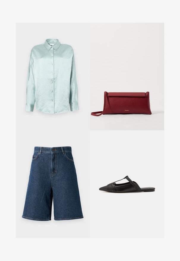 Lysblå skjorte med knapper lavet af et skinnende, blødt stof; har krave, lange ærmer og rundet nederkant med en afslappet pasform.; Mørkeblå denimshorts med høj talje, fem lommer og lige snit. Har synlige sømme og lukning med forknap.; Sort læderslyngeback sko med spids tå, der har en vævet detalje og en plisseret overdel. Flad sål med minimal hardware.; Rød læder clutchtaske med tekstureret overflade, der har et fladt fold-over top og en kort rem. Diskret logo på fronten.