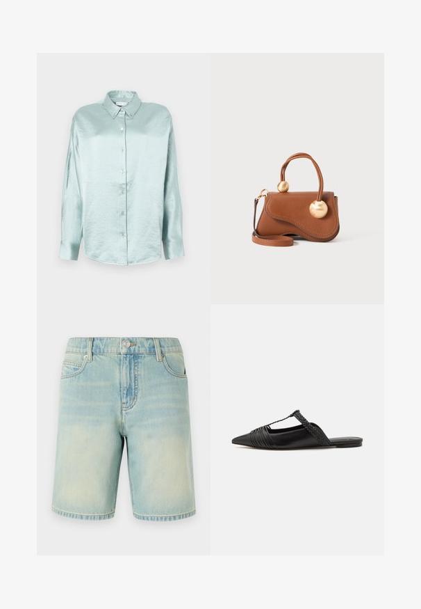 Light blue button-up shirt made of a shiny, soft fabric; features a collar, long sleeves, and rounded hem with a relaxed fit.; Light blue denim shorts with a faded finish, featuring five-pocket design, visible stitching, and a metal button closure at the waistband.; Black leather slingback shoe with a pointed toe, featuring a woven accent and pleated upper design. Flat sole with minimal hardware.; Brown leather handbag with a wavy design, featuring two circular gold accents and a detachable shoulder strap for versatile carrying.