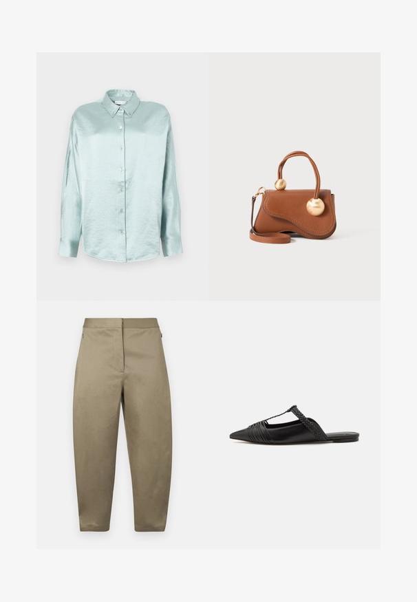 Light blue button-up shirt made of a shiny, soft fabric; features a collar, long sleeves, and rounded hem with a relaxed fit.; Khaki tapered pants made of cotton, featuring a smooth texture, side pockets, and a zip closure at the waist. Simple design with no patterns.; Black leather slingback shoe with a pointed toe, featuring a woven accent and pleated upper design. Flat sole with minimal hardware.; Brown leather handbag with a wavy design, featuring two circular gold accents and a detachable shoulder strap for versatile carrying.